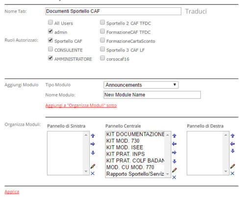 Area riservata, software, gestione moduli e ruoli